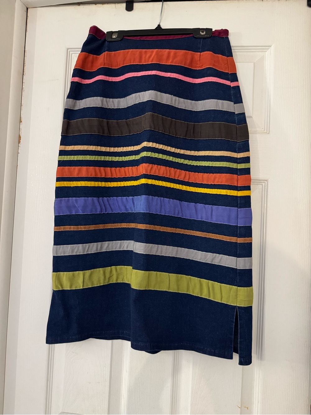 Vintage Neesh by D.A.R. Multicolor Ribbon Stripe Denim Midi Skirt Sz M